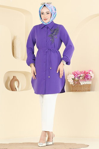 moda selvim Boncuk Detaylı Kemerli Tunik 2875SLK540 Lila - Thumbnail