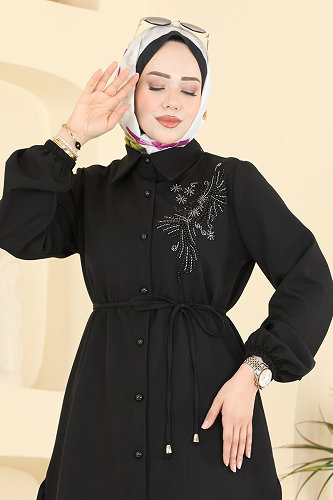 moda selvim Boncuk Detaylı Kemerli Tunik 2875SLK540 Siyah - Thumbnail