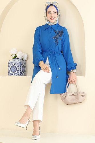 moda selvim Boncuk Detaylı Kemerli Tunik 2875SLK540 Turkuaz - Thumbnail