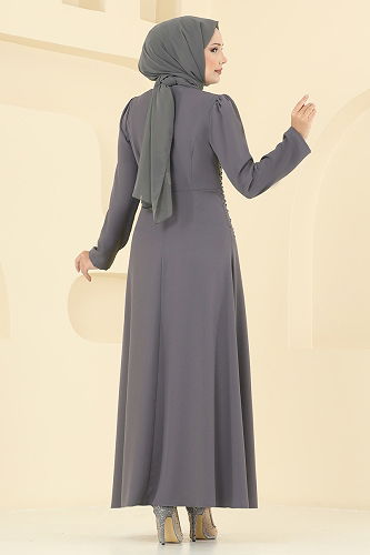 moda selvim Boncuk Detaylı Krep Abiye 2727SL432 Antrasit - Thumbnail