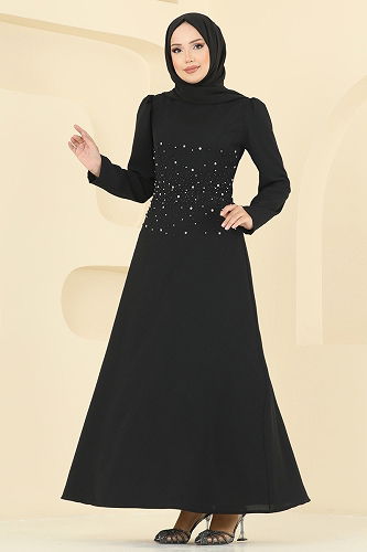 moda selvim Boncuk Detaylı Krep Abiye 2727SL432 Siyah - Thumbnail