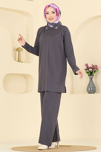 moda selvim Boncuk Detaylı Merserize Triko Takım 144ART1138 Antrasit - Thumbnail