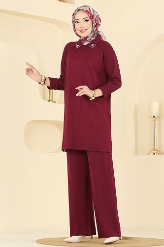 moda selvim Boncuk Detaylı Merserize Triko Takım 144ART1138 Bordo - Thumbnail