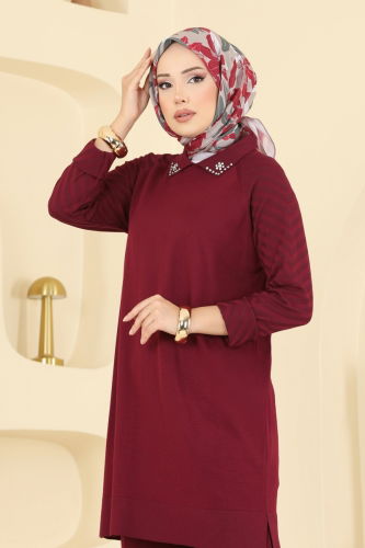 A.R.T. - Boncuk Detaylı Merserize Triko Takım 144ART1138 Bordo