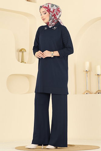 moda selvim Boncuk Detaylı Merserize Triko Takım 144ART1138 Laci - Thumbnail