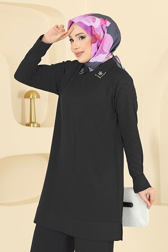 moda selvim Boncuk Detaylı Merserize Triko Takım 144ART1138 Siyah - Thumbnail