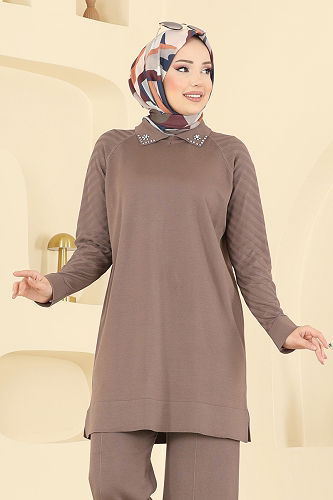 moda selvim Boncuk Detaylı Merserize Triko Takım 144ART1138 Vizyon - Thumbnail