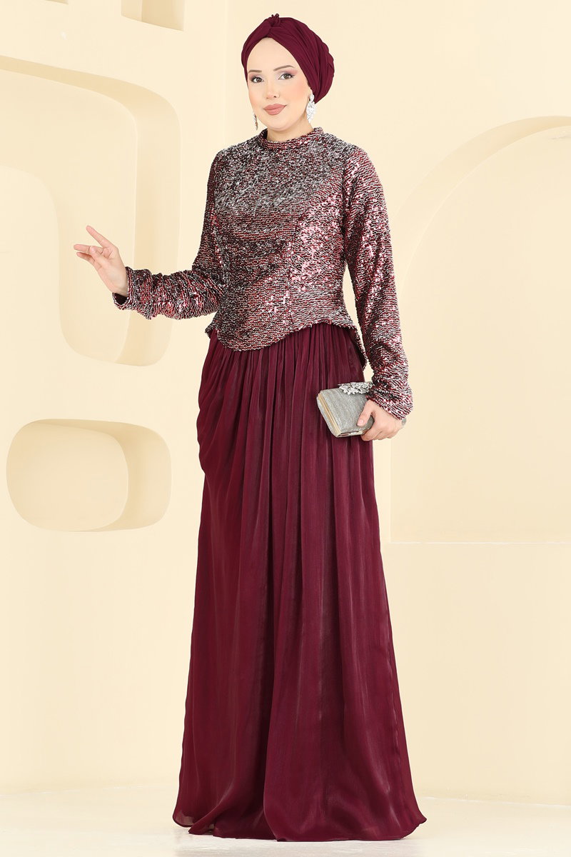 Boncuk Detaylı Organze Abiye 203DMNK1166 Bordo