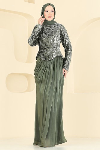 moda selvim Boncuk Detaylı Organze Abiye 203DMNK1166 Haki - Thumbnail