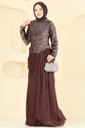 moda selvim Boncuk Detaylı Organze Abiye 203DMNK1166 Kahve - Thumbnail