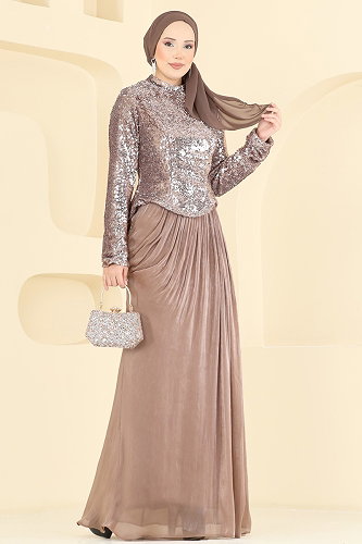moda selvim Boncuk Detaylı Organze Abiye 203DMNK1166 Pudra Vizyon - Thumbnail