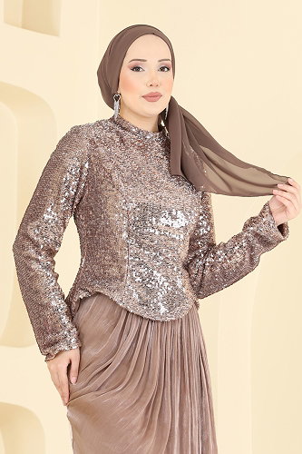 moda selvim Boncuk Detaylı Organze Abiye 203DMNK1166 Pudra Vizyon - Thumbnail