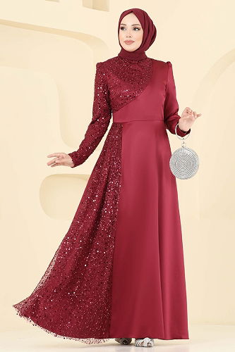 moda selvim Boncuk Detaylı Saten Abiye 2818ELC1143 Bordo - Thumbnail