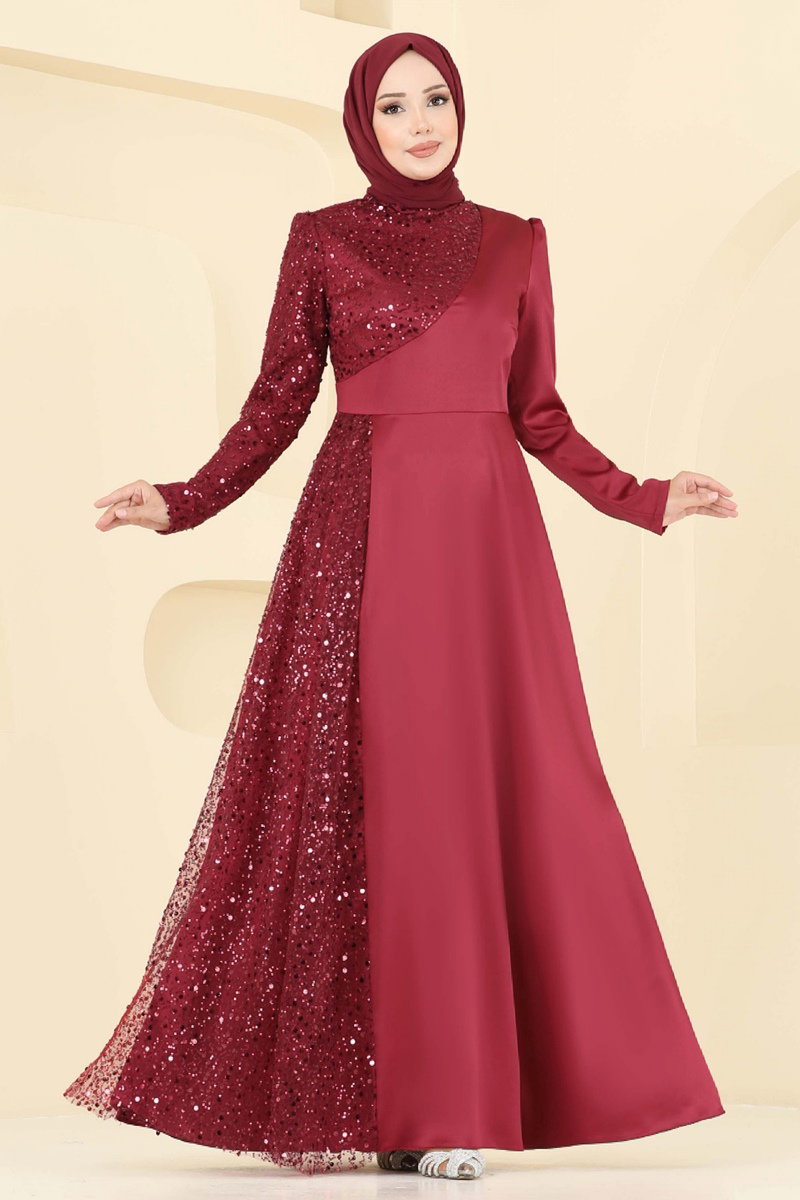 Boncuk Detaylı Saten Abiye 2818ELC1143 Bordo