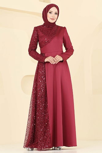 moda selvim Boncuk Detaylı Saten Abiye 2818ELC1143 Bordo - Thumbnail