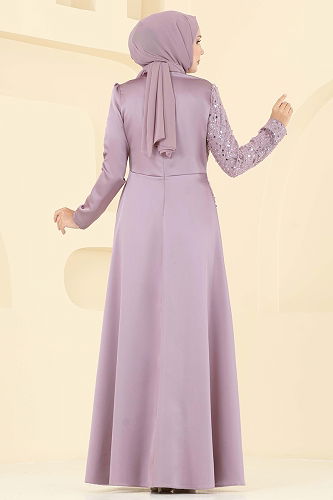 moda selvim Boncuk Detaylı Saten Abiye 2818ELC1143 Koyu Pudra - Thumbnail