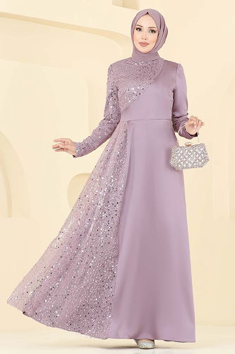 moda selvim Boncuk Detaylı Saten Abiye 2818ELC1143 Koyu Pudra - Thumbnail