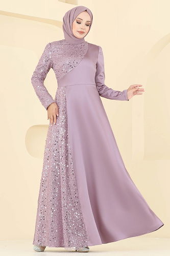 moda selvim Boncuk Detaylı Saten Abiye 2818ELC1143 Koyu Pudra - Thumbnail