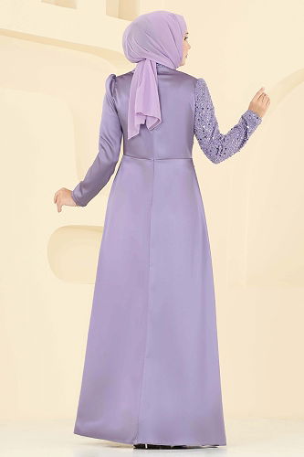 moda selvim Boncuk Detaylı Saten Abiye 2818ELC1143 Lila - Thumbnail