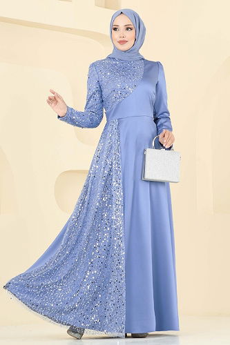 moda selvim Boncuk Detaylı Saten Abiye 2818ELC1143 Mavi - Thumbnail