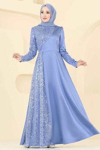 moda selvim Boncuk Detaylı Saten Abiye 2818ELC1143 Mavi - Thumbnail