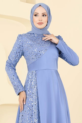 moda selvim Boncuk Detaylı Saten Abiye 2818ELC1143 Mavi - Thumbnail