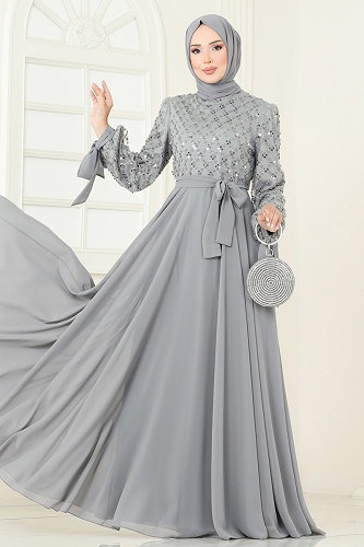 moda selvim Boncuk Detaylı Şifon Abiye 2814ELC1143 Gri - Thumbnail