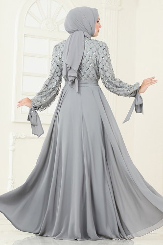 moda selvim Boncuk Detaylı Şifon Abiye 2814ELC1143 Gri - Thumbnail