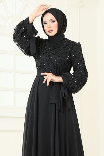 moda selvim Boncuk Detaylı Şifon Abiye 2814ELC1143 Siyah - Thumbnail