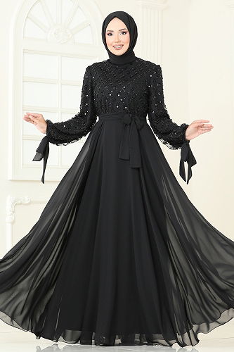 moda selvim Boncuk Detaylı Şifon Abiye 2814ELC1143 Siyah - Thumbnail