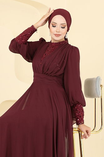 moda selvim Boncuk Detaylı Şifon Abiye 5703EDF311 Bordo - Thumbnail