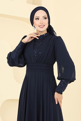 moda selvim Boncuk Detaylı Şifon Abiye 5703EDF311 Laci - Thumbnail