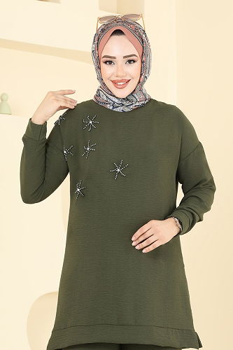 moda selvim Boncuk Detaylı Tesettür Takım 6013UZ662 Haki - Thumbnail