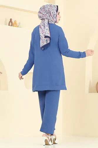 moda selvim Boncuk Detaylı Tesettür Takım 6013UZ662 İndigo - Thumbnail