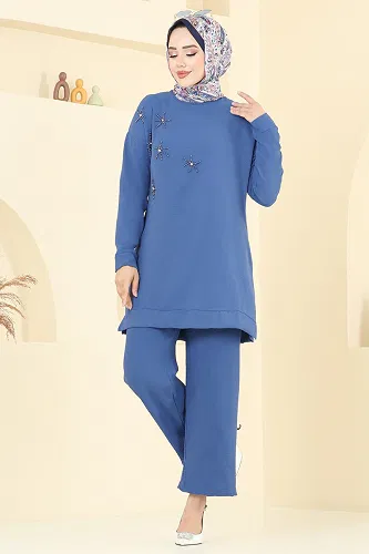 moda selvim Boncuk Detaylı Tesettür Takım 6013UZ662 İndigo - Thumbnail