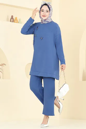 moda selvim Boncuk Detaylı Tesettür Takım 6013UZ662 İndigo - Thumbnail