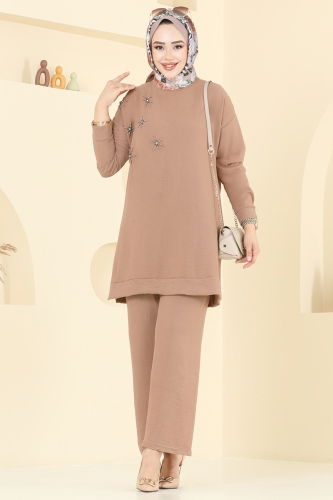 U.Z. - Boncuk Detaylı Tesettür Takım 6013UZ662 Koyu Vizyon