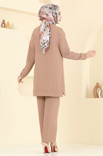 moda selvim Boncuk Detaylı Tesettür Takım 6013UZ662 Koyu Vizyon - Thumbnail
