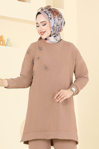 moda selvim Boncuk Detaylı Tesettür Takım 6013UZ662 Koyu Vizyon - Thumbnail