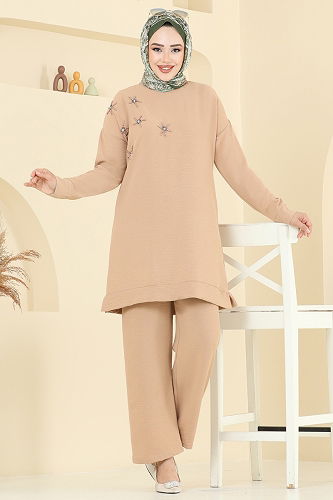 moda selvim Boncuk Detaylı Tesettür Takım 6013UZ662 Vizyon - Thumbnail