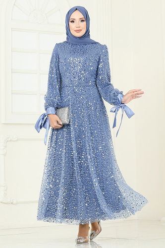 moda selvim Boncuk Detaylı Tül Abiye 2822ELC1143 Mavi - Thumbnail