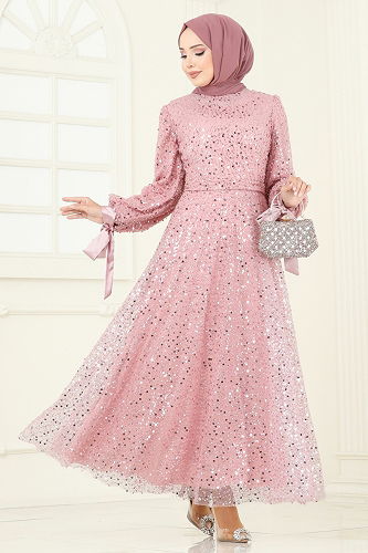 moda selvim Boncuk Detaylı Tül Abiye 2822ELC1143 Pudra - Thumbnail