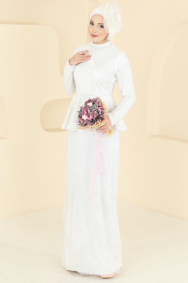 Boncuk Detaylı Nikah Elbisesi  8080YG95 Ekru