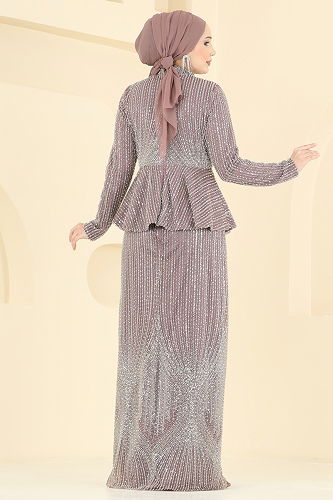 moda selvim Boncuk Detaylı Tül Abiye 8080YG95 Pudra - Thumbnail