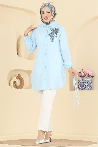 moda selvim Boncuk İşleme Detaylı Tunik 2926SLK540 Bebe Mavisi - Thumbnail
