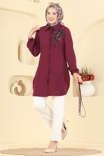 moda selvim Boncuk İşleme Detaylı Tunik 2926SLK540 Bordo - Thumbnail