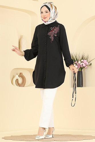 moda selvim Boncuk İşleme Detaylı Tunik 2926SLK540 Siyah - Thumbnail