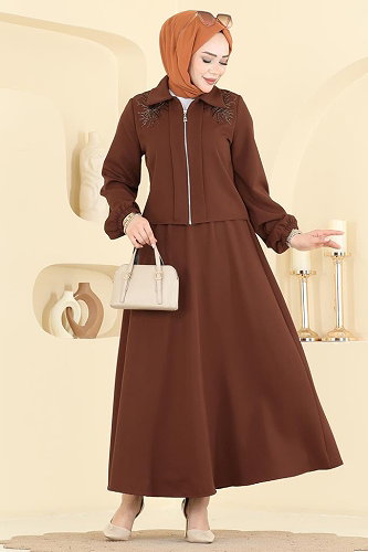 moda selvim Boncuk İşlemeli 2 li Takım 2849SLK540 Taba - Thumbnail