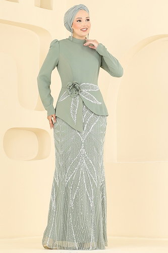moda selvim Boncuk İşlemeli Broş Detaylı Abiye 243DMNK1166 Mint - Thumbnail