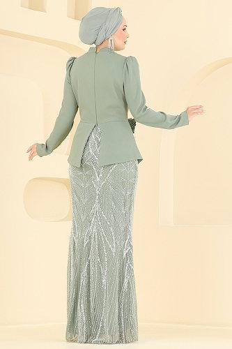moda selvim Boncuk İşlemeli Broş Detaylı Abiye 243DMNK1166 Mint - Thumbnail
